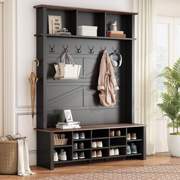 anpport Farmhouse Black Hall Tree with 6 Hooks and Adjustable Shelves, Wooden Rustic Shoe Organizer with 16 Open Compartments