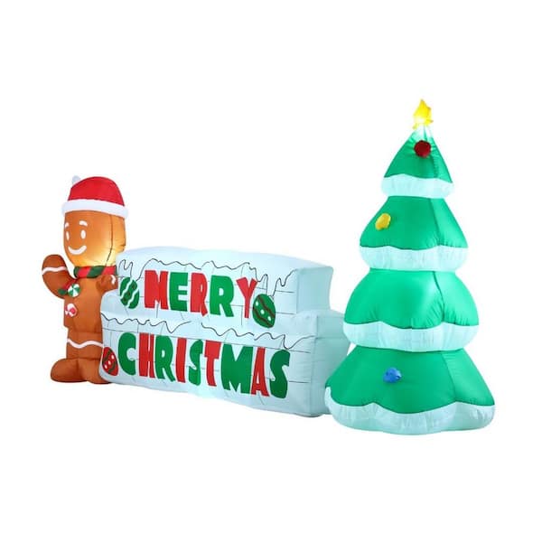 SYNCFUN 3.6 ft. Tall 10 in. Width Green, White & Brown Plastic Merry Christmas with Tree & Gingerbread Man Inflatable