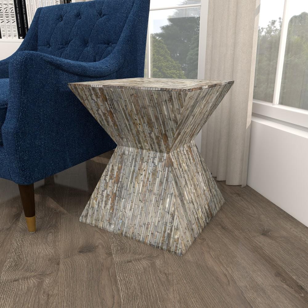 Handcrafted Shell Inlay Wooden Accent Table - Black and Gray