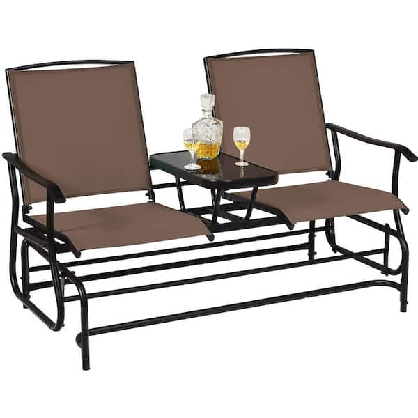 Unbranded 2-Person Metal Outdoor Glider Bench, Patio Rocking Swing Loveseat for Garden, Poolside, Balcony, Lawn Rocker, Brown
