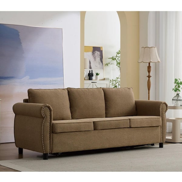 Zorvian French 81.5 in. Brown Polyester Upholstered Queen Size Pull Out Sofa Bed with Rivet Trim Rolled Arms