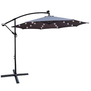 10 ft. Medium Grey Steel Solar Powered LED Cantilever Patio Umbrella with Crank and Cross Base for Garden Backyard Pool