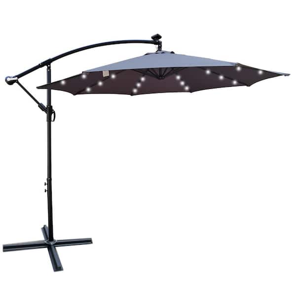 Unbranded 10 ft. Medium Grey Steel Solar Powered LED Cantilever Patio Umbrella with Crank and Cross Base for Garden Backyard Pool
