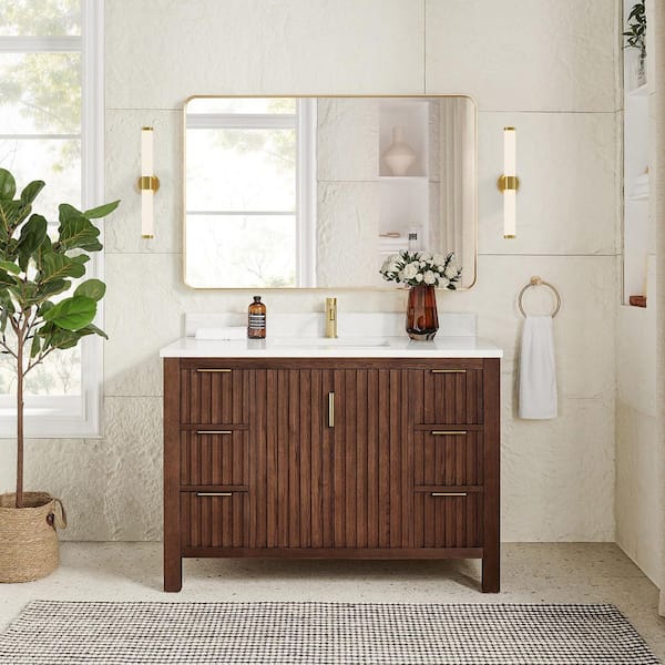 Shenzhen 48 in.W x 22 in.D x 33.9 in.D Single Bath Vanity in Aged Dark Brown Oak with White Engineered Stone Top