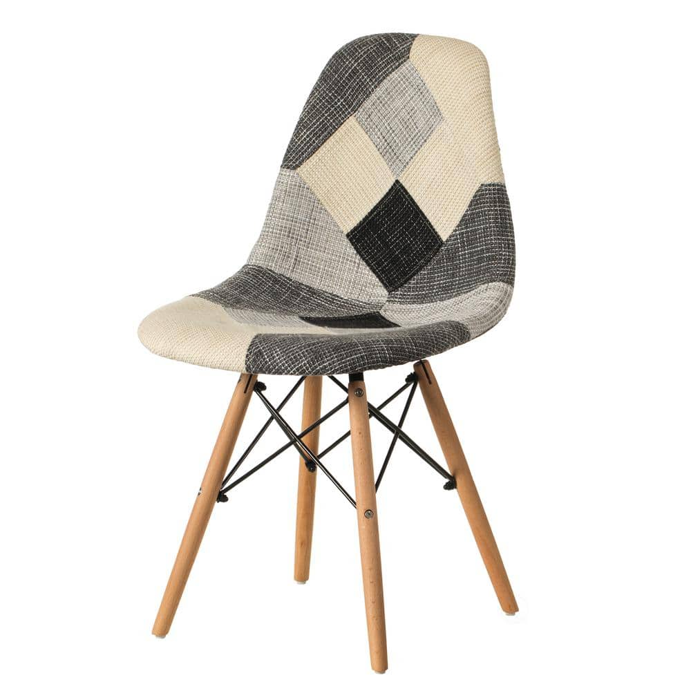 FABULAXE Modern Black and White Patchwork Fabric Chair with Wooden Legs ...