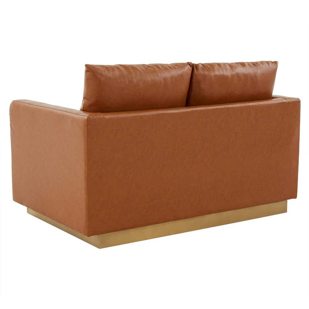 Cognac Tan Faux Leather & Wood Loveseat with Gold Frame