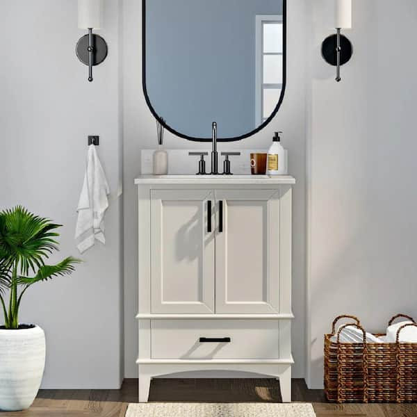 Emily 24 in. W x 22 in. D x 34 in. H Bath Vanity in White with Carrara Engineered Stone Top with White Basin