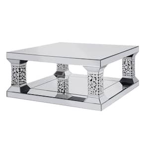 40 in. Silver Medium Square Glass Coffee Table with Open Shelf