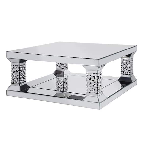 Benjara 40 in. Silver Medium Square Glass Coffee Table with Open Shelf