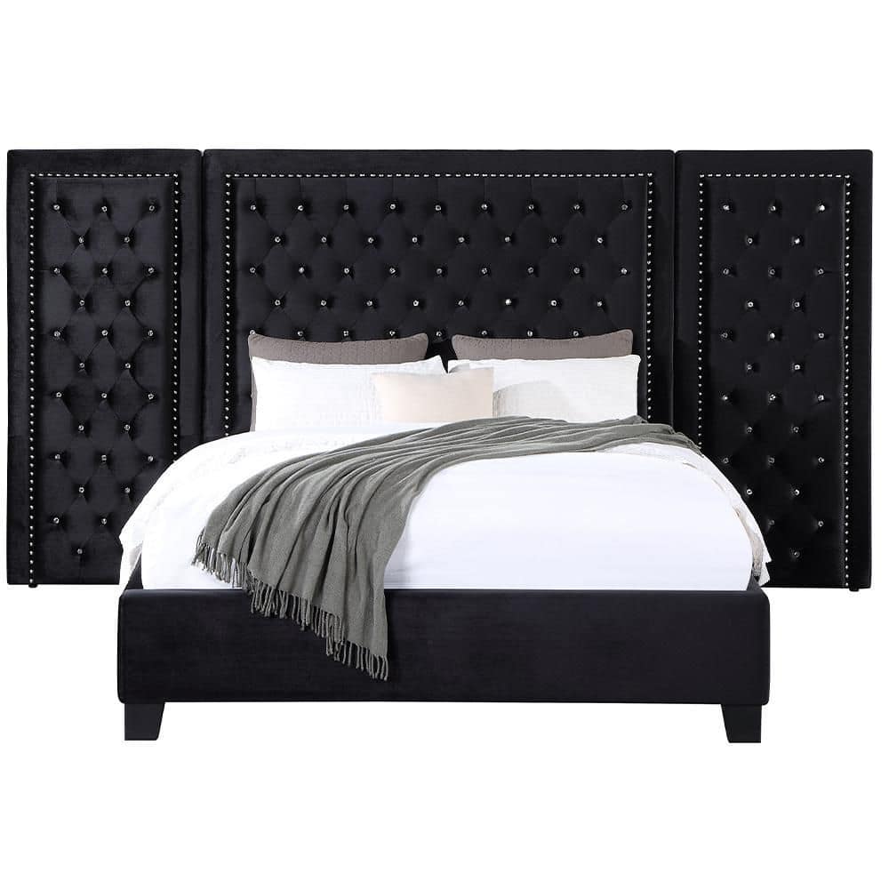 Damazy 86" King Black Velvet Upholstered Bed with Nailhead Trim