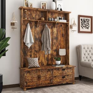 Rustic Brown Freestanding Hall Tree with Mudroom Bench, 2-Drawers, Cabinet and Hooks