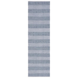 Striped Kilim Ivory Blue 2 ft. X 8 ft. Plaid Runner Rug