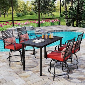 5-Piece Metal Rectangle Bar Height Outdoor Dining Set with Red Cushions