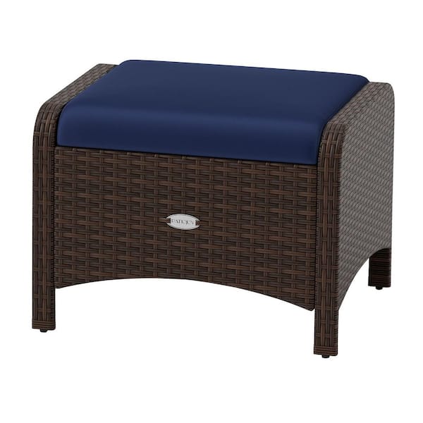 Liviza Brown Wicker Outdoor Ottoman with Navy Cushion