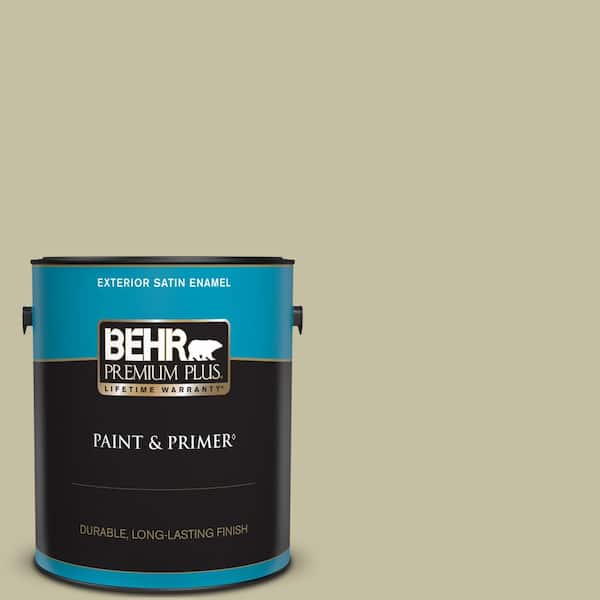 BEHR PREMIUM PLUS 1 gal. #S350-3 Washed Olive Satin Enamel Exterior Paint & Primer