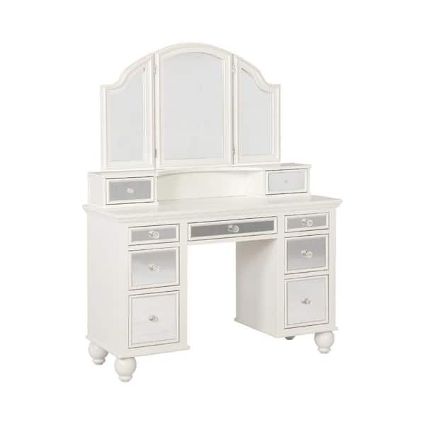 Benjara 2-Piece White Makeup Vanity Set with Drawers and Padded Seat Stool