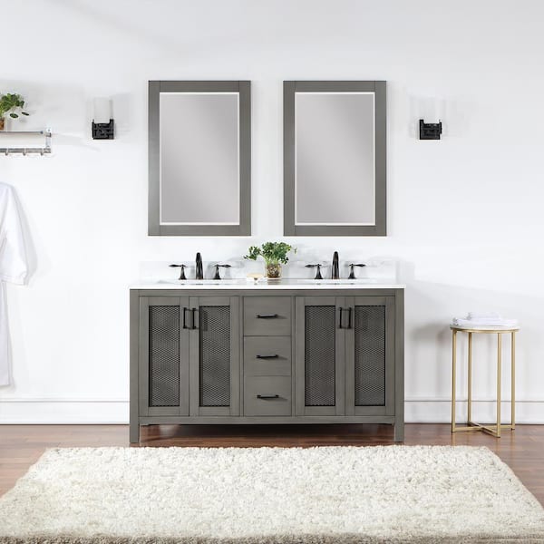 Altair Hadiya 60 in. W x 22 in. D x 34 in. H Double Sink Bath Vanity in Gray Pine with White Composite Stone Top and Mirror