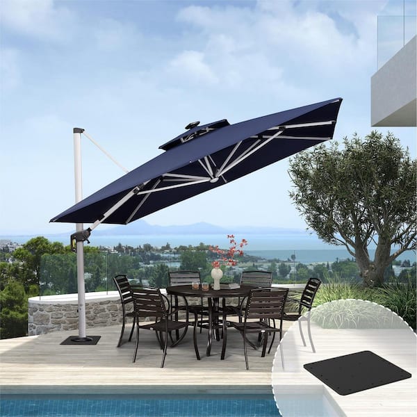 PURPLE LEAF 11 ft. Square Aluminum Solar Powered LED Patio Cantilever Offset Umbrella with Base Plate, Navy Blue