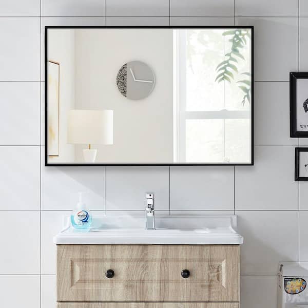 Tileon 36 in. W x 24 in. H Large Rectangular Plastic Framed Wall Bathroom Vanity Mirror in Black