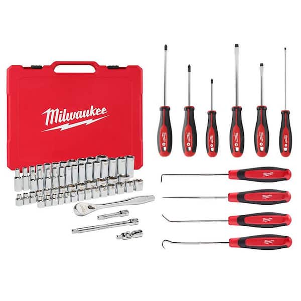 Milwaukee Mechanic Hand and Tool Set with 3/8 in. Drive SAE Metric Ratchet,  Socket, Screwdriver, Hook and Pick (66-Piece)  48-22-9008-48-22-2706-48-22-9215 - The Home Depot