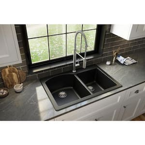 QT-610 Quartz/Granite 33 in. Double Bowl 60/40 Top Mount Drop-In Kitchen Sink in Black with Bottom Grid and Strainer