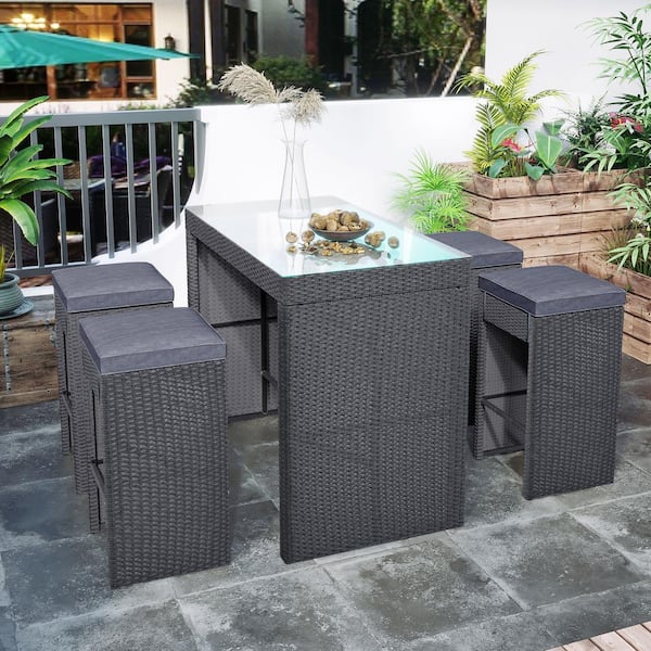 ANGELES HOME Gray 5-Piece Wicker Rattan Outdoor Dining Set with 4 Stools, Tempered Glass Bar Table and Gray Cushion
