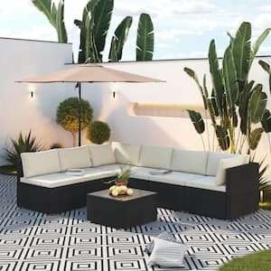 7-Piece All Weather Wicker 6-Seat Outdoor Sectional Sofa Set Patio Furniture Set and Coffee Table with Beige Cushion