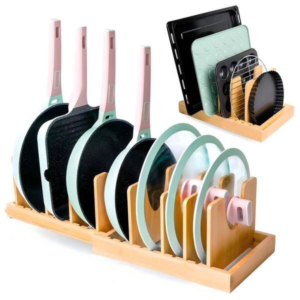 Standing Bamboo Expandable Bakeware and Cutting Board Organizers, Adjustable Pot Lids Holder Rack for Kitchen, Beige
