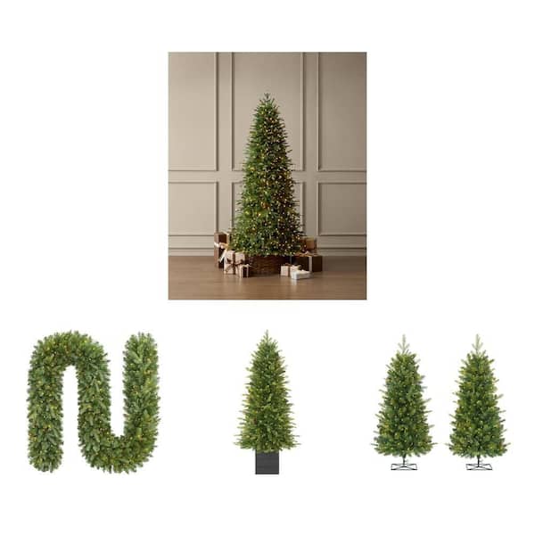 Grand Duchess Twinkling Pre-Lit Collection: 7.5ft. Slim Artificial Tree, 4ft. & 3ft. (2pk) Potted Trees & 9ft. Garland
