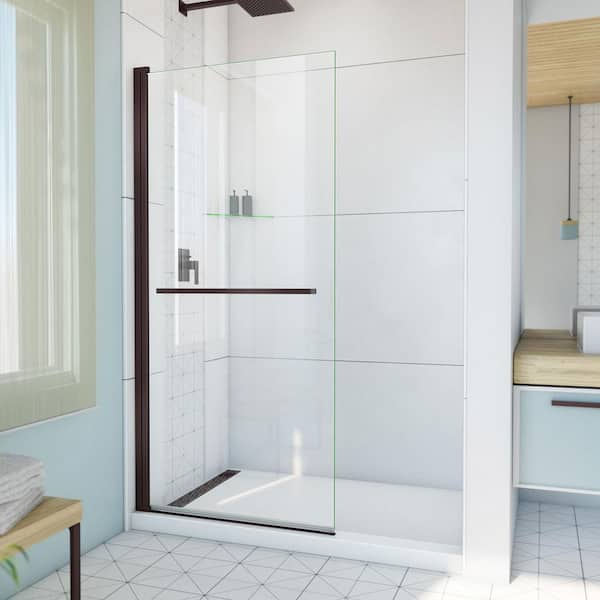 DreamLine Aqua-Q Swing 34 in. W x 72 in. H Pivot Frameless Shower Door in Oil Rubbed Bronze with Clear Glass