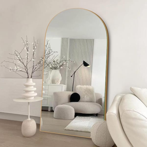 Sxiawe 32 in. W x 71 in. H Classic Arched Wood Full Length Mirror Gold Wall Mounted Standing Mirror Floor Mirror