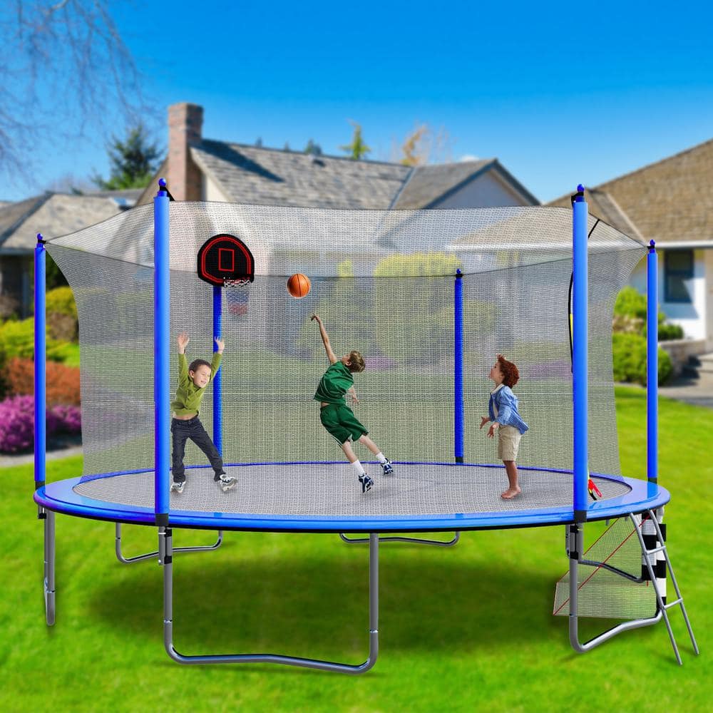 16FT Trampoline with Basketball Hoop, Soccer Goal, Pump, and Ladder-Blue, I