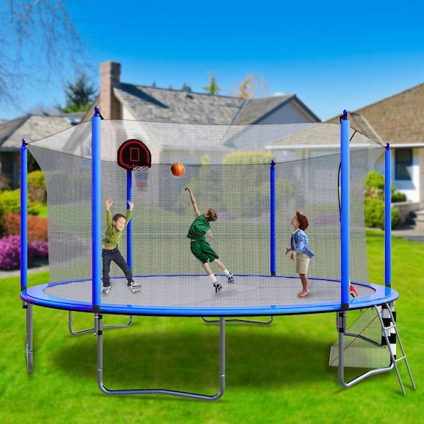 Unbranded 16FT Trampoline with Basketball Hoop, Soccer Goal, Pump, and Ladder-Blue, Inner Safety Enclosure, ASTM & CPC Certified