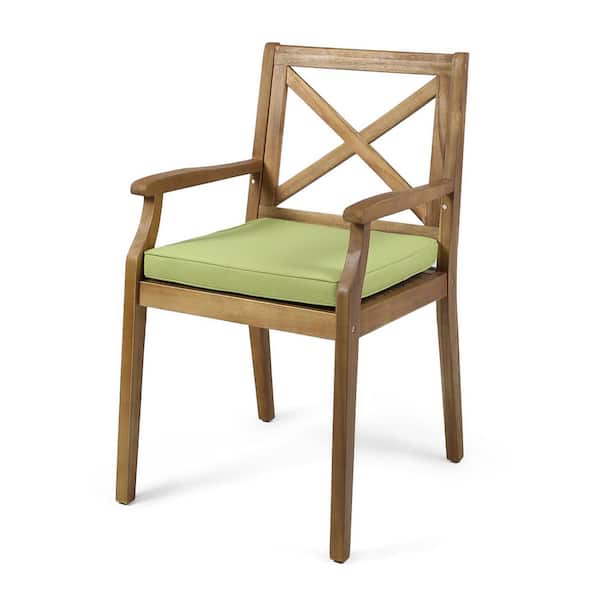 2-Pieces Acacia Wood Outdoor Dining Chairs in Teak with Green Cushions for Garden