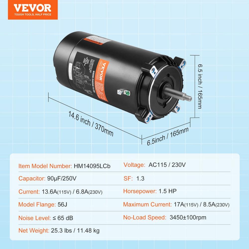 VEVOR Black Steel 1.5 HP Pool Pump Motor with 56J Frame