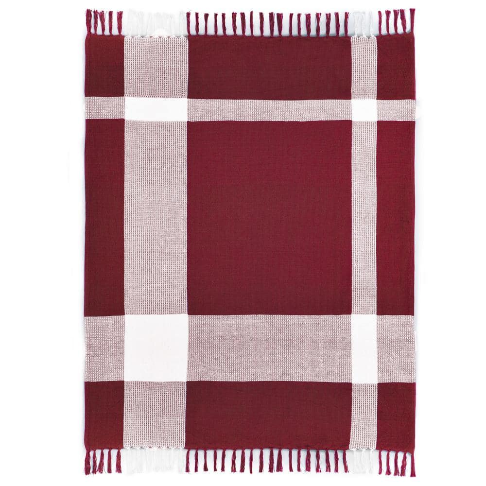 Hailee Red/White Hand-Woven Plaid Farmhouse All Natural Cotton Throw Blanke