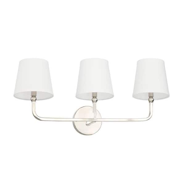 Dawson 25.5 in. W x 12 in. H x 7 in. E 3-Light Polished Nickel Vanity Light with White Fabric Shades