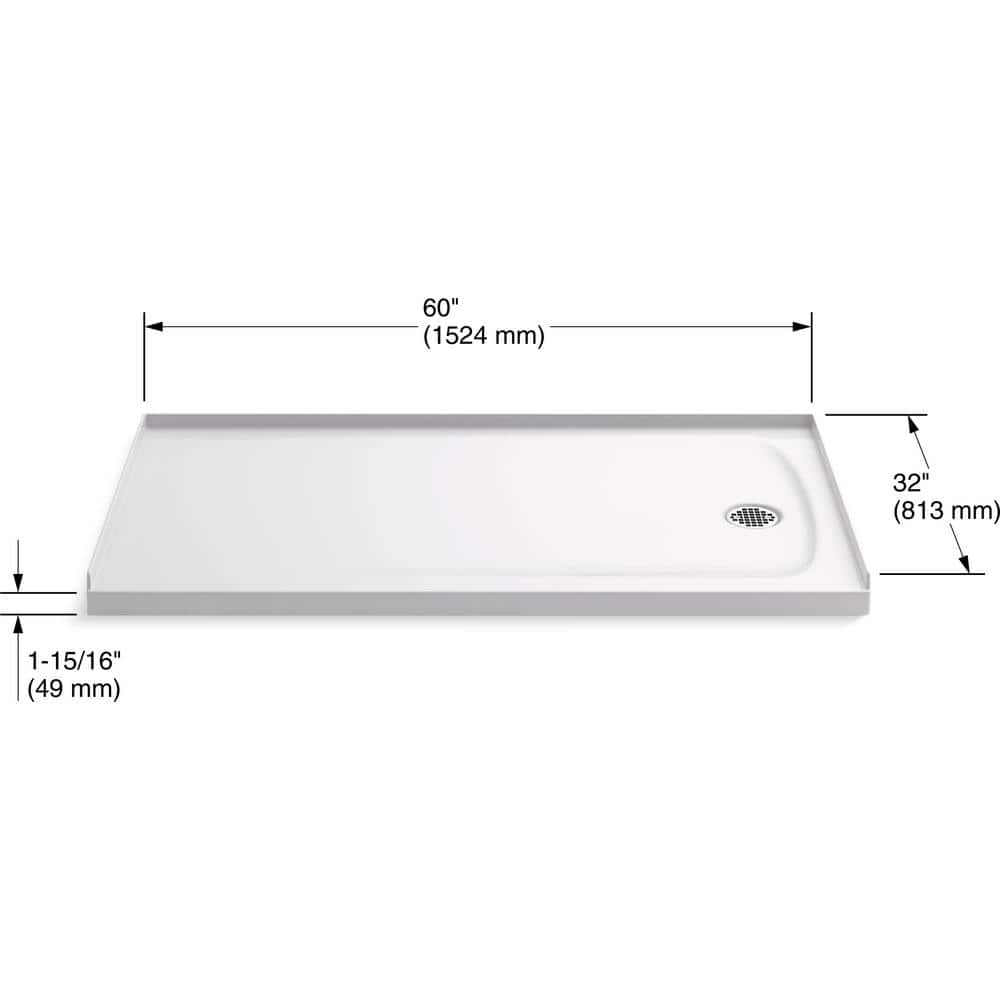 Ballast 60" x 32" White Acrylic Shower Base with Right-Hand Drain