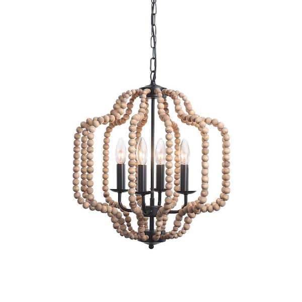 Richmond 4-Light Brown Boho Beaded Chandelier Candle Style Geometric Pendant Lighting with Beads