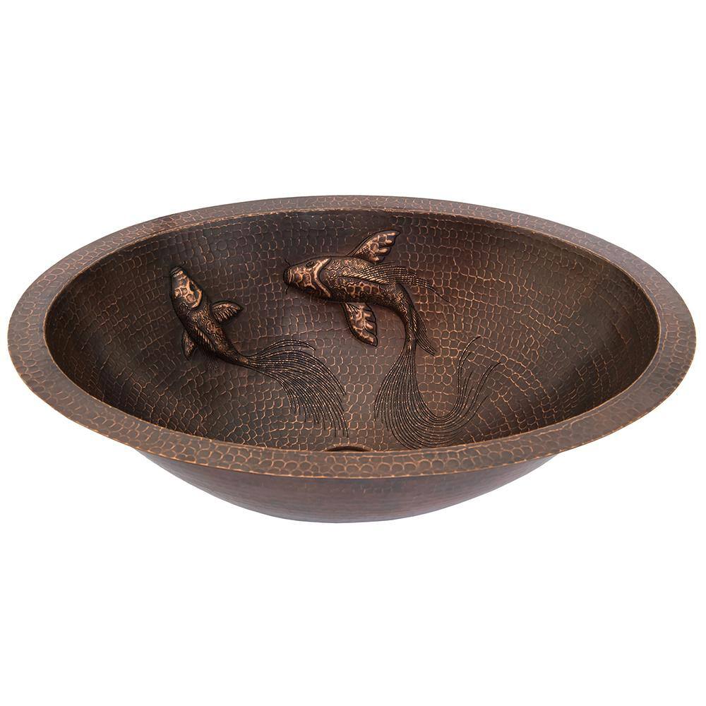 19" Oval Hammered Copper Undermount Sink with Koi Fish Design