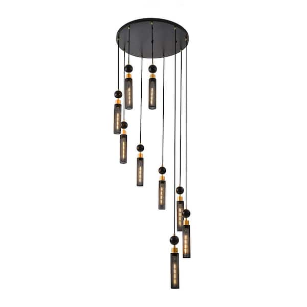 40-Watt 9-Light Black Staircase Pendant Light with Cylinder Metal Mesh Shade and E26 Socket, No Bulbs Included
