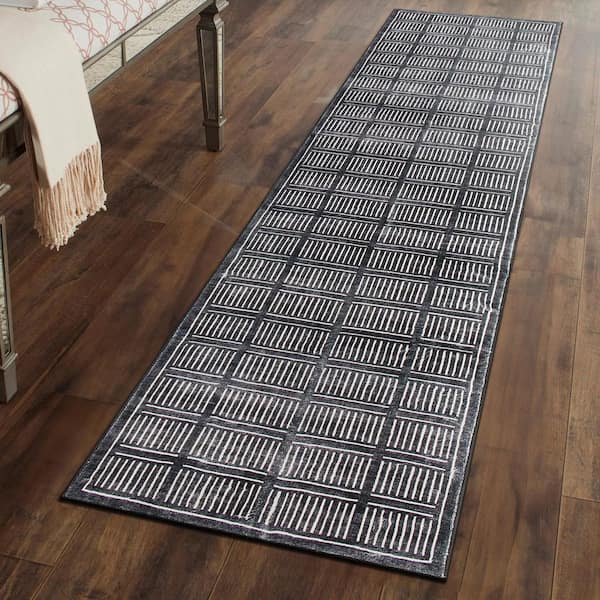 Bohemian Stripe Lines Washable Non Slip Black 2 ft. x 8 ft. Runner Rug