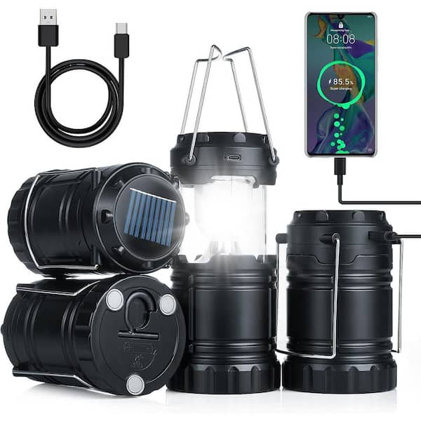 Solar Camping Lantern Rechargeable LED Lights with Magnetic Base & Foldable Hook in Collapsible Design 4-Pack