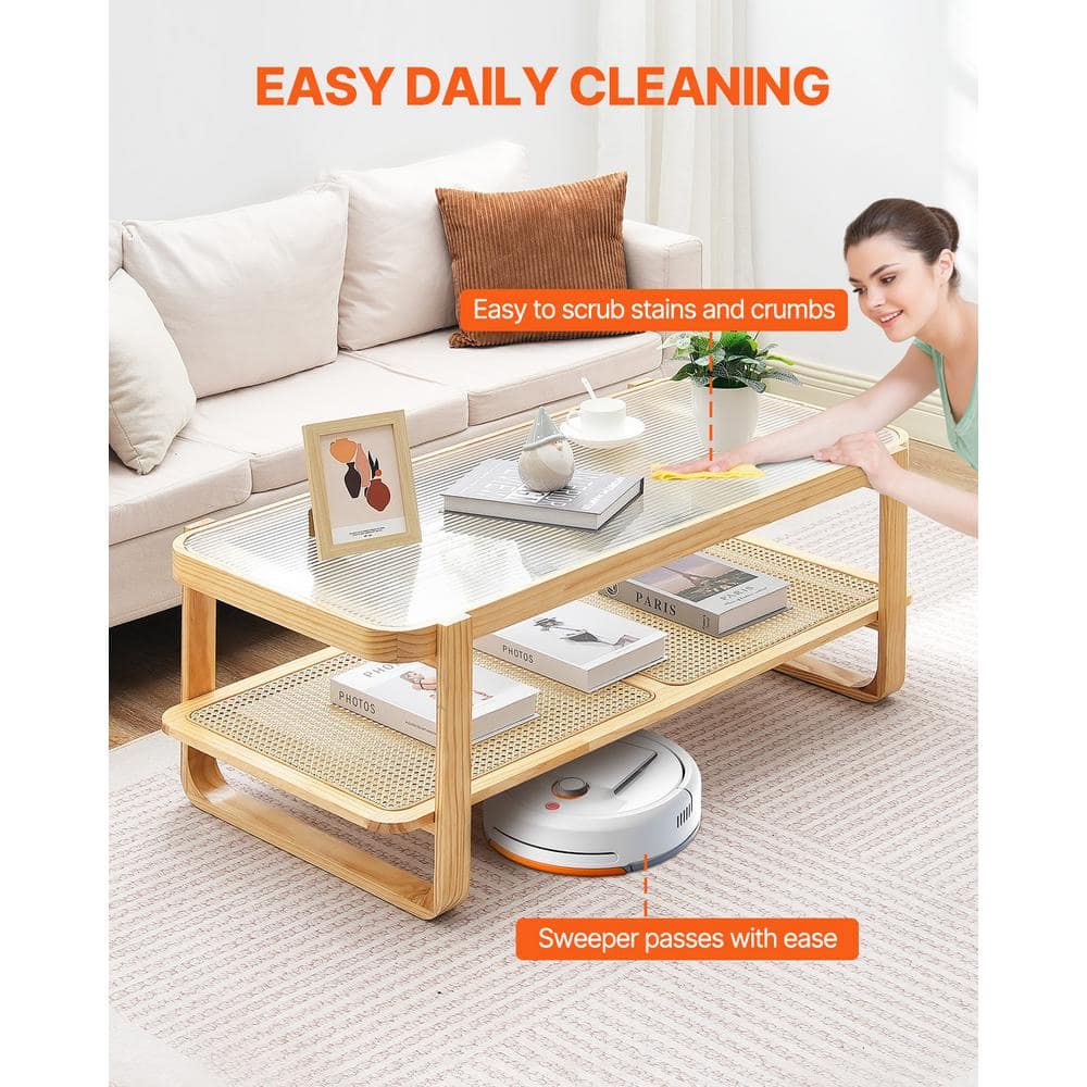 Natural Pine Wood and Glass Rectangular Coffee Table with Storage