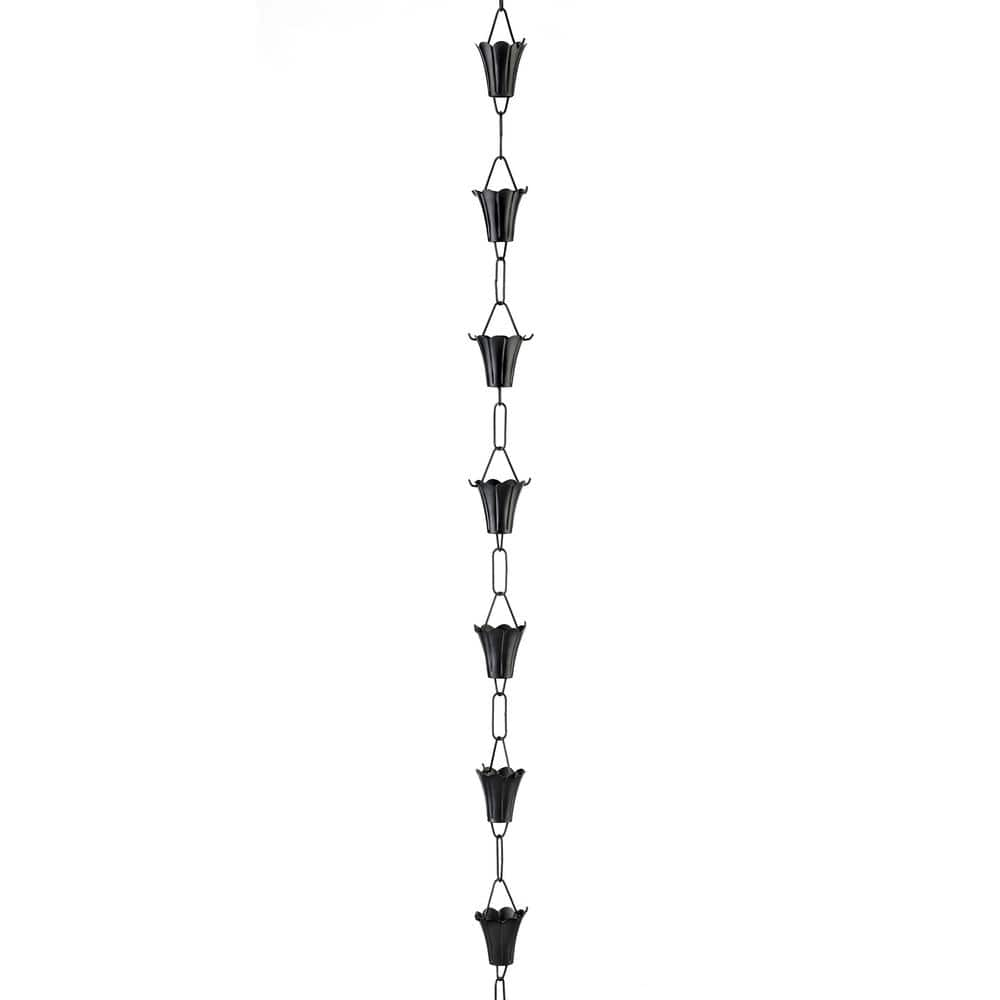 Good Directions Fluted Flower Black Aluminum 8.5 ft. Rain Chain with Gutter Installation Clip