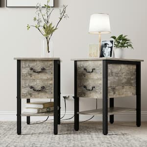 Narrow End Table Set with Drawers, Gray 2-Drawers 11.8 in. W Nightstands Charging Station and USB Ports, (Set of 2)