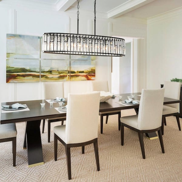 Liam 6-Light Modern Vintage Black Crystal Chandelier with Oval Curved Drum Frame, Rectangular Island Lighting