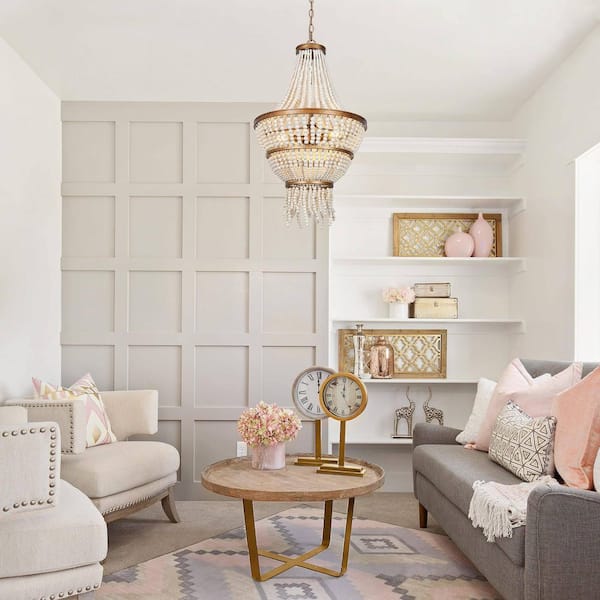 3-Light Antique Gold Drum Chandelier with Weathered White Wood Beads
