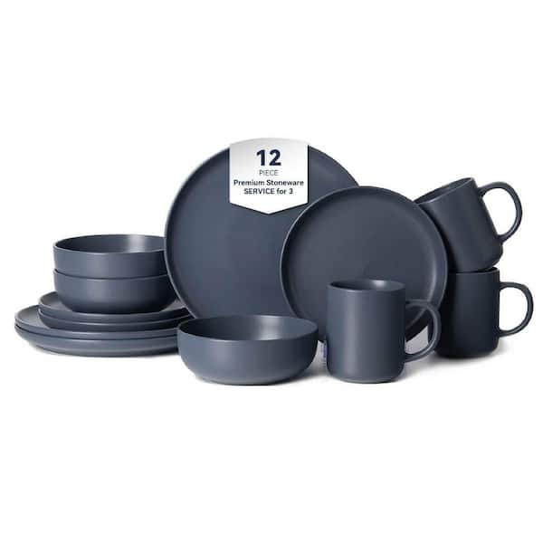 12-Pieces Ceramic Stoneware Dinnerware Set with Mugs-Service for Microwave Dishwasher Safe for 3 in. Blue