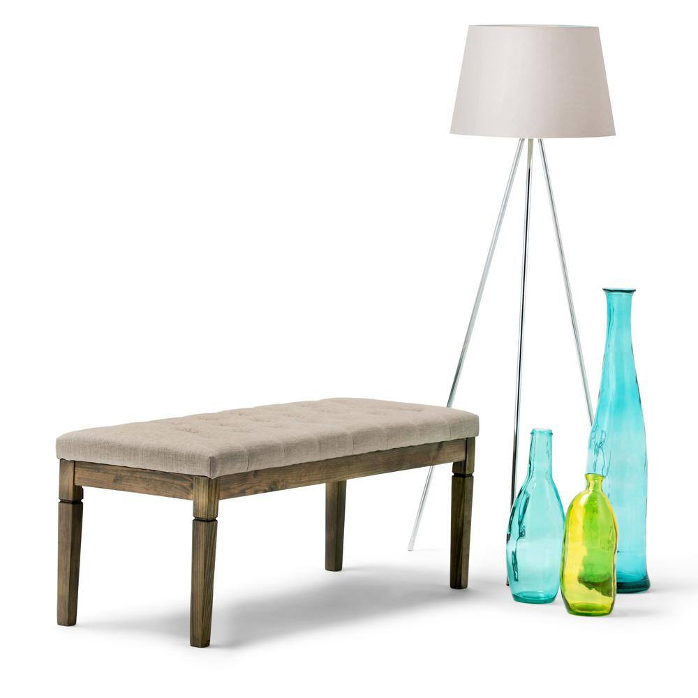 Elegant Natural Linen Tufted Pine Wood Rectangular Bench Ottoman